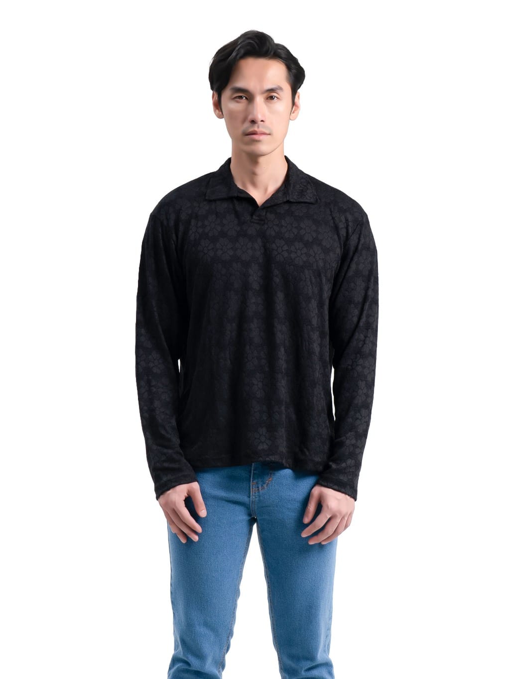 Ribsgold Polo Shirt Pria Long KnitFlower Lengan Panjang Strech Lembut Kemeja Kaos