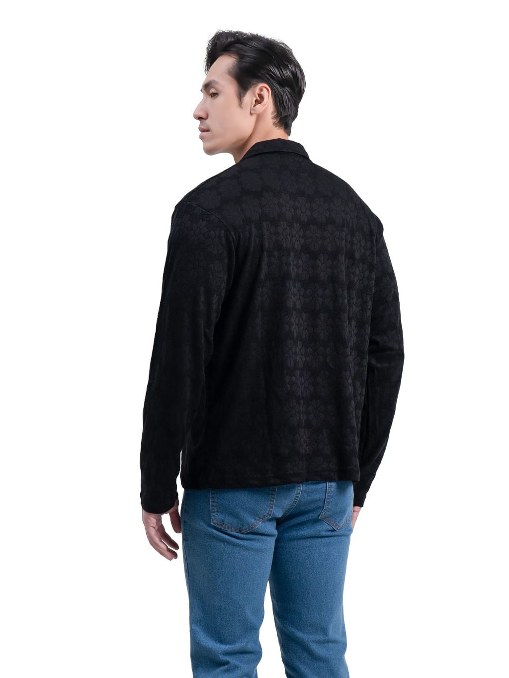 Ribsgold Polo Shirt Pria Long KnitFlower Lengan Panjang Strech Lembut Kemeja Kaos - Gambar 2
