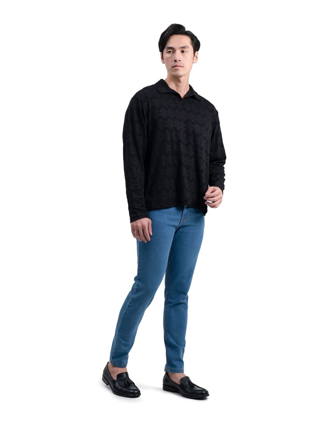Ribsgold Polo Shirt Pria Long KnitFlower Lengan Panjang Strech Lembut Kemeja Kaos - Gambar 3