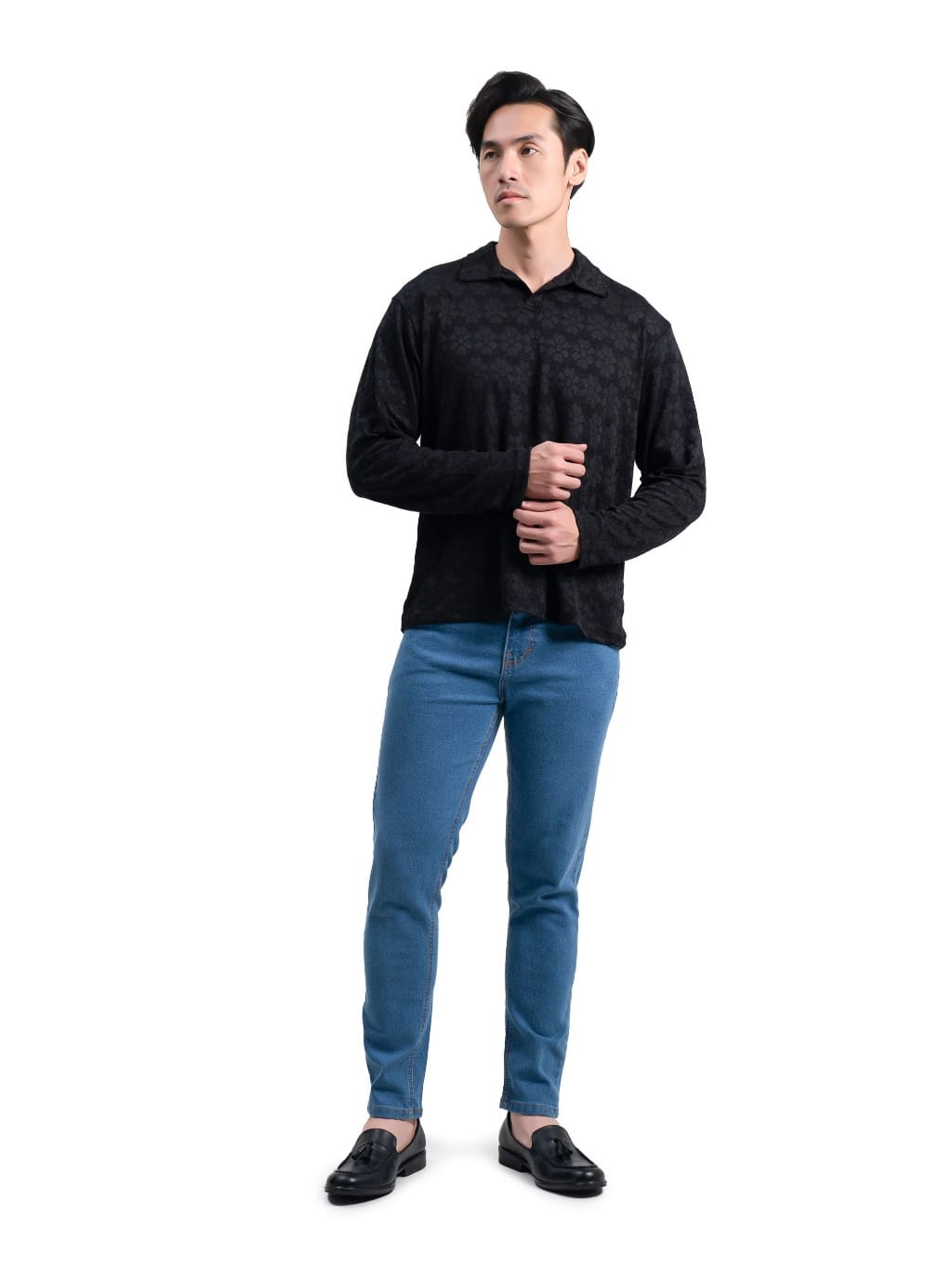 Ribsgold Polo Shirt Pria Long KnitFlower Lengan Panjang Strech Lembut Kemeja Kaos - Gambar 4