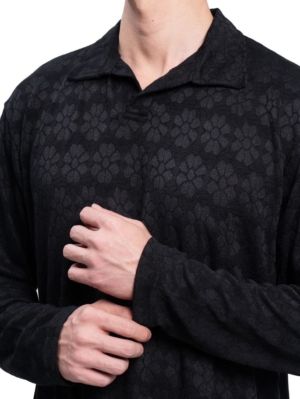 Ribsgold Polo Shirt Pria Long KnitFlower Lengan Panjang Strech Lembut Kemeja Kaos - Gambar 5