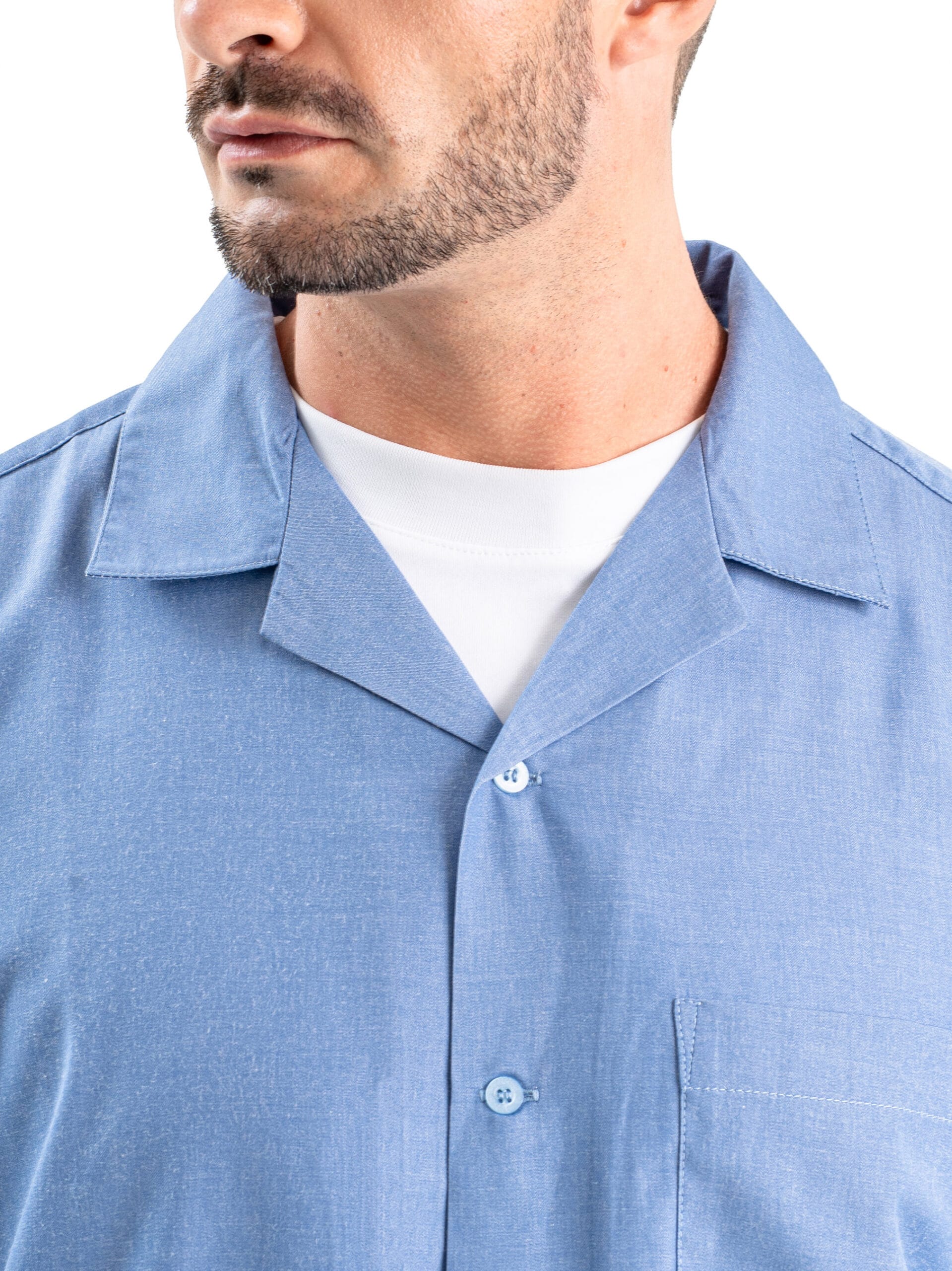 Kemeja Denim Open Collar - Gambar 4